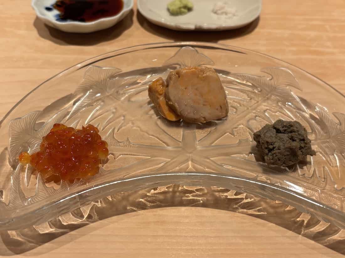 すじこ、あん肝、鮎のペースト